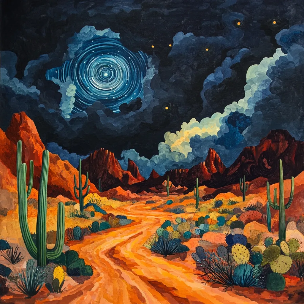 A vibrant desert landscape unfolds under a dramatic night sky.  A swirling, starry vortex dominates the heavens above a winding dirt road leading through cacti and desert flora.  Reddish-brown mountains form a backdrop to the scene, painted in bold, stylized strokes. The overall mood is one of mystical beauty and serene southwestern charm.