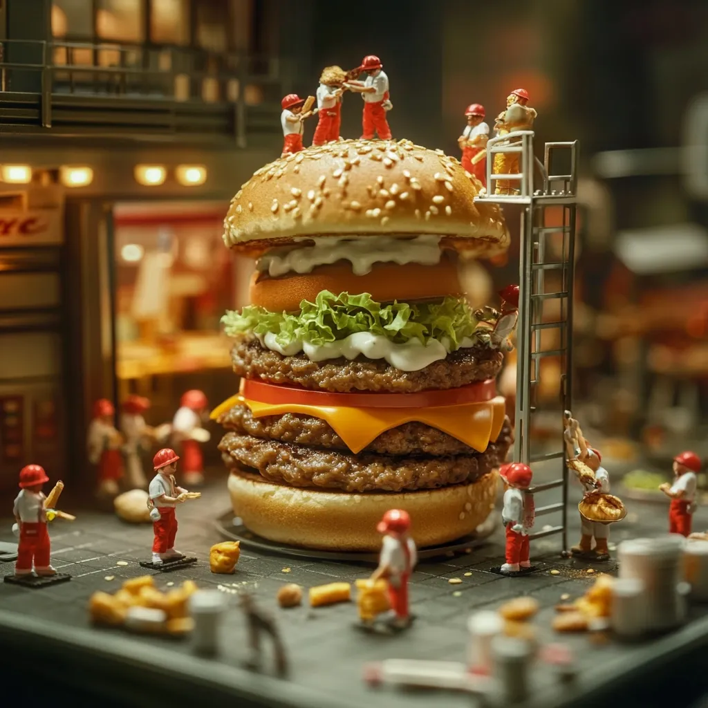 A colossal burger, taller than a miniature construction worker, dominates the scene.  Tiny figures in red hard hats assemble the burger, using a miniature ladder to reach the top bun.  The burger is layered with patties, cheese, lettuce, and tomato, creating a visually impressive, albeit whimsical, scene.  Surrounding the burger are numerous miniature people and construction detritus, adding to the detailed, playful composition.