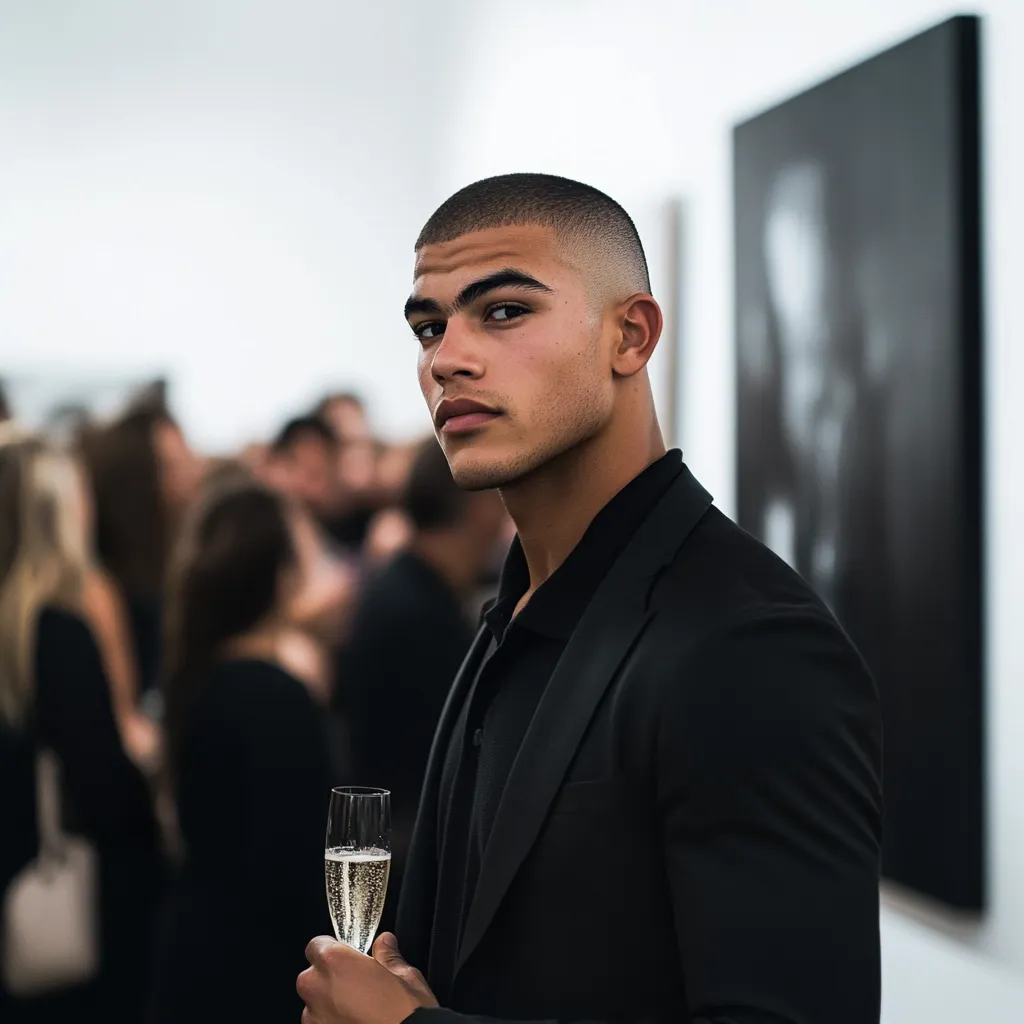 A young man with a short, well-groomed haircut stands in an art gallery, holding a glass of champagne. He's dressed in a sharp black blazer over a black polo shirt.  His gaze is directed towards the viewer, conveying a confident and sophisticated demeanor. The background is blurred, showing a crowd of people at the gallery opening. A large black and white artwork is visible on the wall behind him.