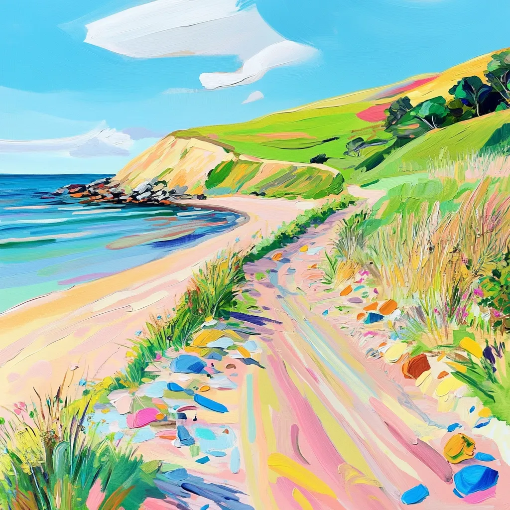 A vibrant, impressionistic painting depicts a secluded beach curving around a verdant coastal cliff under a bright blue sky.  The path leading to the beach is strewn with colorful pebbles, and tall grasses flank the sandy shore.  The artist uses bold, expressive brushstrokes and a cheerful palette to convey a sense of summer and tranquility.  The ocean is a turquoise blend, contrasting with the warm hues of the land.
