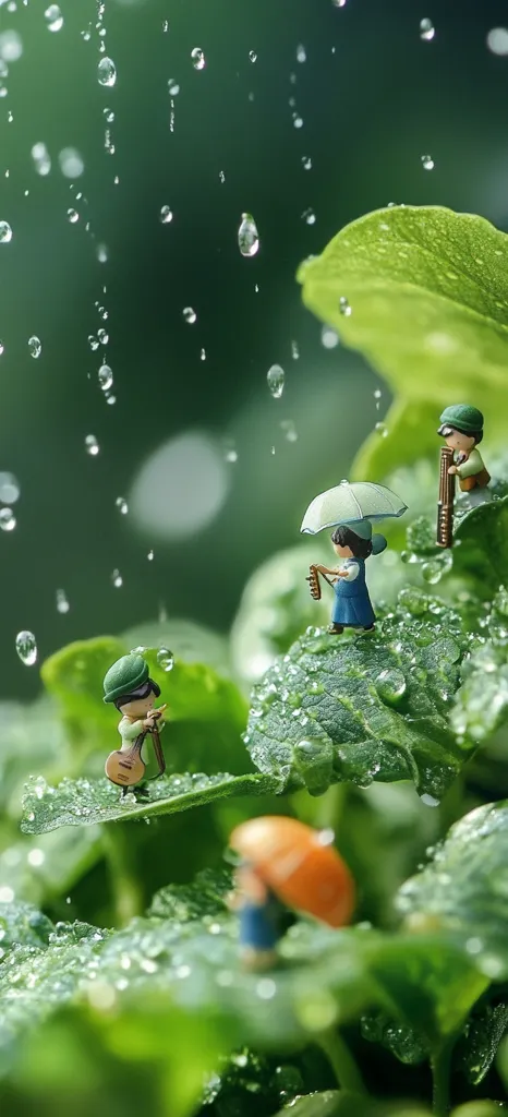 Miniature figures are depicted enjoying a rainy day amidst lush green foliage.  Rain droplets cling to vibrant leaves, creating a serene atmosphere. One figure carries an umbrella, another plays a musical instrument, and a third stands nearby, all seemingly oblivious to the downpour. The scene is charming and whimsical, showcasing a delightful contrast between scale and nature.