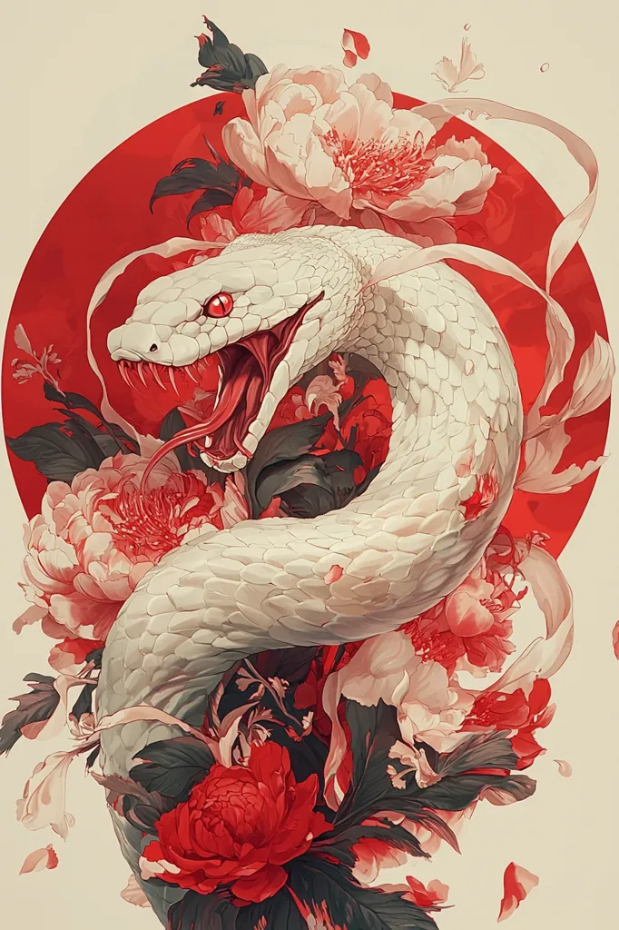 A vibrant illustration showcases a white snake, its mouth agape, encircled by a profusion of red and white peonies.  The snake's scales are meticulously detailed, contrasting with the soft, layered petals of the flowers. A large, red circular background adds to the dramatic impact of the piece, creating a visually striking and symbolic image.  The style blends realism with a touch of fantasy.