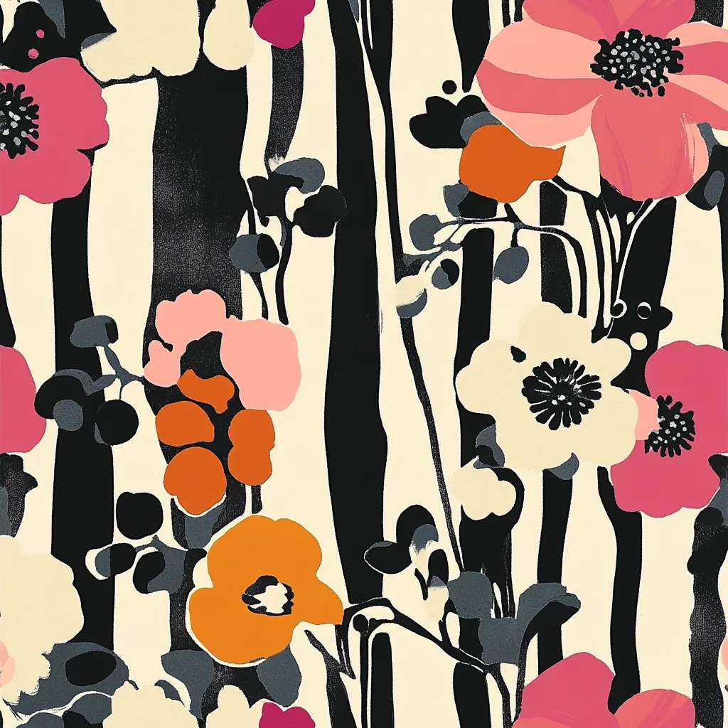 A vibrant floral print features stylized blooms in shades of pink, orange, and cream against a bold black and off-white striped backdrop.  The flowers, rendered in a painterly style, are densely arranged, creating a lively and energetic pattern.  The design suggests a modern interpretation of a classic floral motif, suitable for textiles or wallpaper.