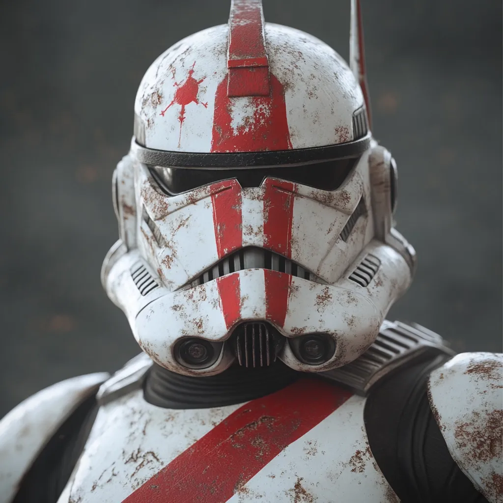 Close-up view of a weathered clone trooper helmet and armor.  The predominantly white armor is heavily distressed, showing significant rust and wear.  Red stripes and markings are visible, indicating a specific unit designation. The helmet features a central crest and small details are clearly visible despite the wear and tear. The overall appearance suggests battle-hardened veteran status.