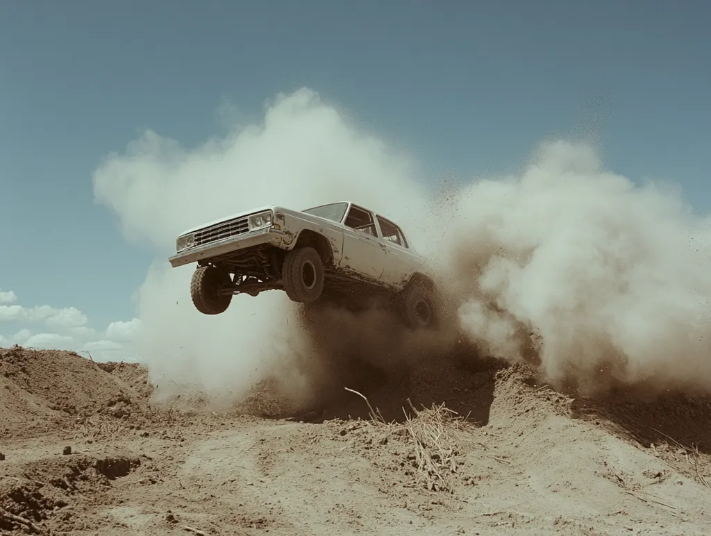 A light-colored off-road truck soars through the air, suspended mid-jump.  A large cloud of dust billows behind it, obscuring the landing. The truck is airborne over a dirt mound, showcasing its powerful suspension and off-road capabilities. The scene is set against a clear, bright blue sky.