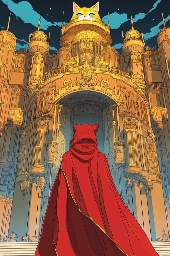 A figure cloaked in a vibrant red cape, adorned with gold trim, stands before a majestic, golden palace.  The palace architecture is ornate and intricate, with numerous towers and balconies.  Atop the central tower sits a ginger cat, seemingly overseeing the scene. The overall style suggests a fantasy or fairytale setting. The artwork is detailed, with a focus on architectural precision and color contrast.