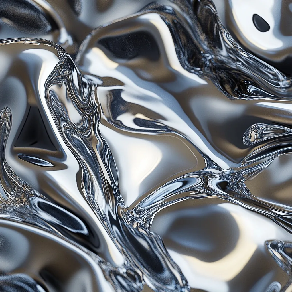 The image showcases a close-up of a liquid metal, its surface undulating in mesmerizing, abstract patterns.  The metallic sheen reflects light, creating highlights and shadows that accentuate the fluid, almost sculptural forms.  The texture appears smooth yet dynamic, with subtle variations in tone and reflectivity throughout the warped expanse.  The overall impression is one of luxurious fluidity and captivating visual complexity.
