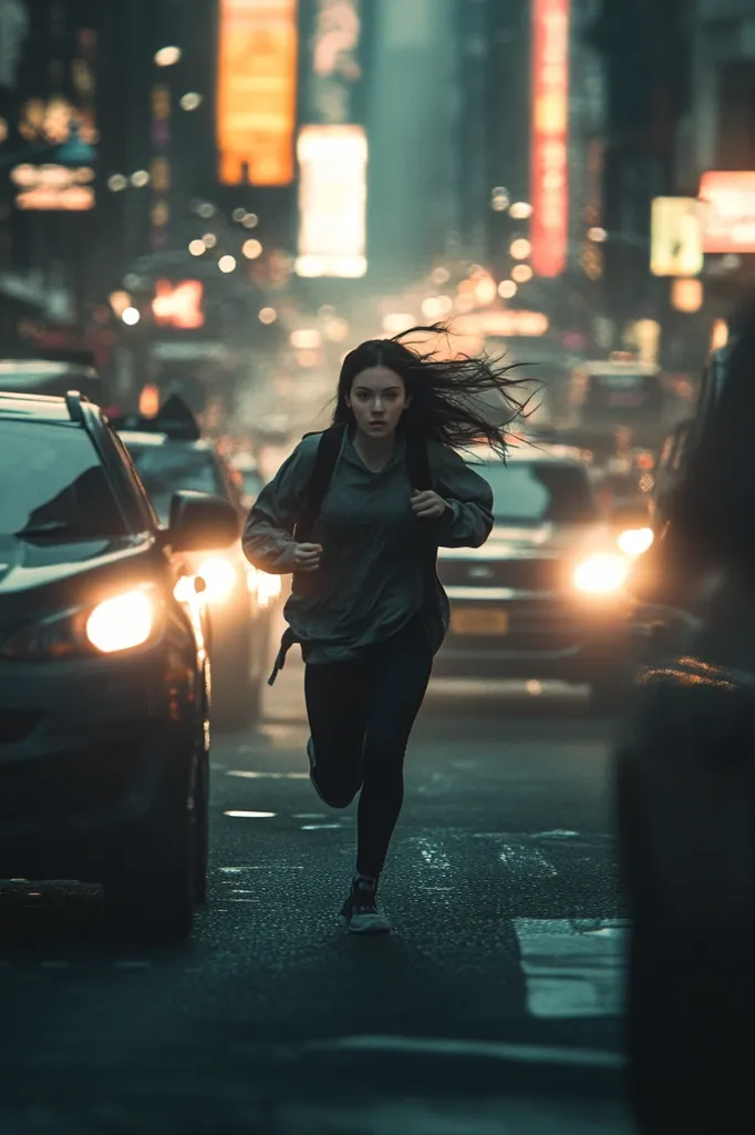 A young woman with long dark hair runs through a busy city street at night.  Cars blur past her as she sprints, her backpack bouncing.  The city lights create a vibrant, slightly hazy backdrop, emphasizing the urgency of her movement.  The overall mood is one of suspense and action.