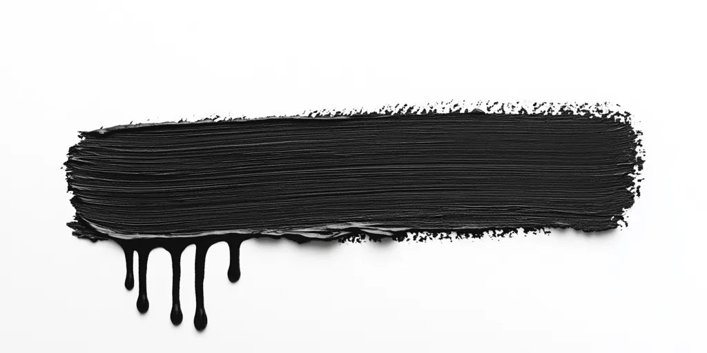 A thick, black paint stroke is applied horizontally across a white background.  The paint is heavily textured with visible brushstrokes and drips downwards from the bottom edge, creating a bold, graphic element. The black paint contrasts sharply with the white backdrop, making it a visually striking image.