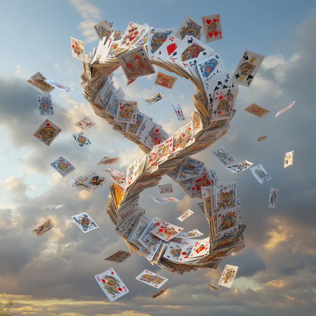 A mesmerizing image depicts playing cards swirling and forming an infinity symbol against a dramatic sky.  Numerous cards float freely around the central figure-eight shape, creating a dynamic, almost ethereal, effect. The colors are vibrant, and the overall composition suggests a sense of chance, fate, or the endless possibilities inherent in games of chance.