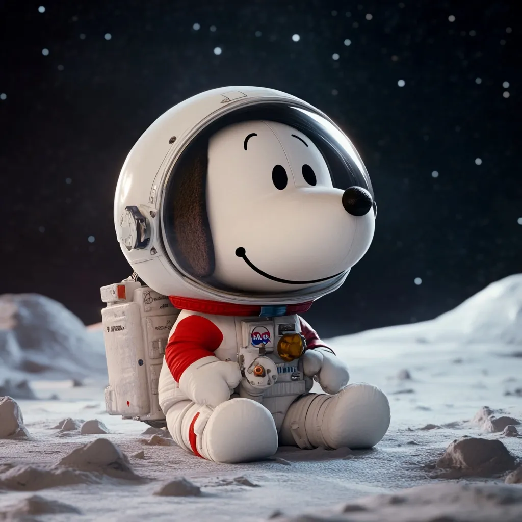 Snoopy, the beloved beagle, is depicted as a charming astronaut on the lunar surface.  Clad in a meticulously detailed spacesuit, complete with a helmet and backpack, he sits contentedly amidst the grey lunar landscape. The starry backdrop enhances the scene's otherworldly ambiance, creating a whimsical and heartwarming image.