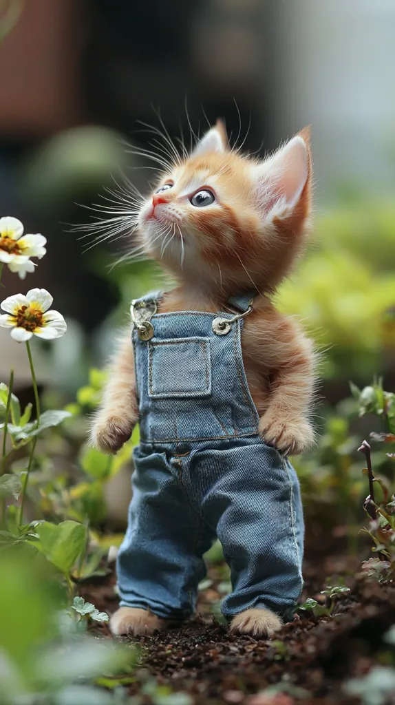 An adorable ginger kitten, small enough to be considered a miniature, stands in a garden.  It's dressed in tiny denim overalls, its big blue eyes gazing upwards.  White flowers bloom softly blurred in the background, providing a charming contrast to the kitten's bright fur and blue clothing.  The overall scene is one of idyllic cuteness.