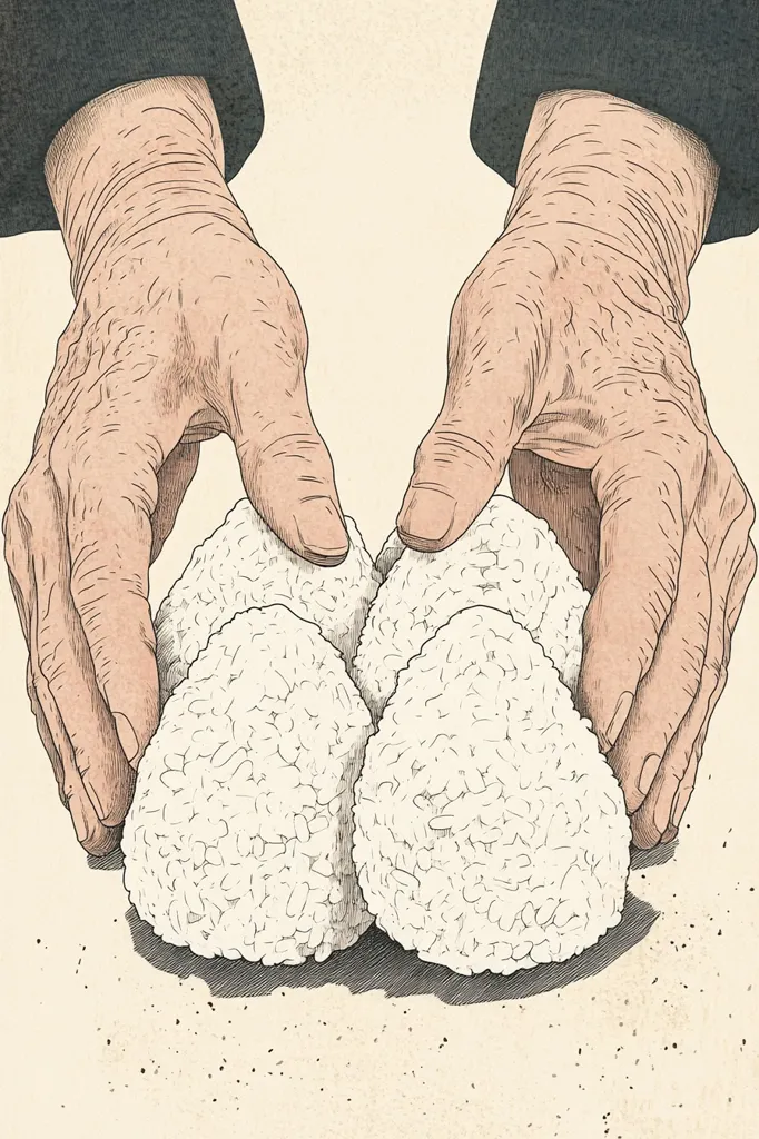 A detailed illustration showcases a pair of elderly hands gently cradling three onigiri, triangular rice balls. The hands, with visible wrinkles and age spots, display meticulous care as they delicately hold the food.  The onigiri are rendered with fine lines, showing the texture of the rice. The overall style is reminiscent of a pen-and-ink drawing, emphasizing texture and detail.