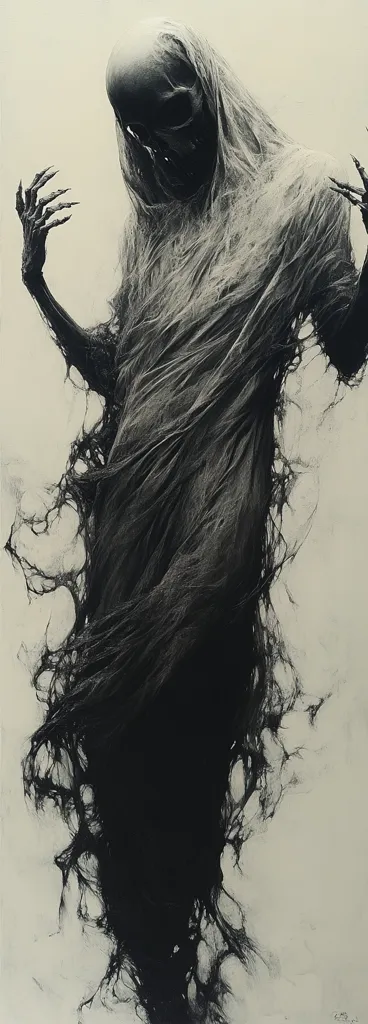 A monochromatic artwork depicts a skeletal figure shrouded in tattered, dark fabric.  The figure's bony hands are clawed, and the flowing fabric resembles decaying flesh or tendrils. The overall effect is one of macabre beauty and haunting decay, suggesting death or a supernatural entity.  The background is a muted beige, contrasting with the dark figure.