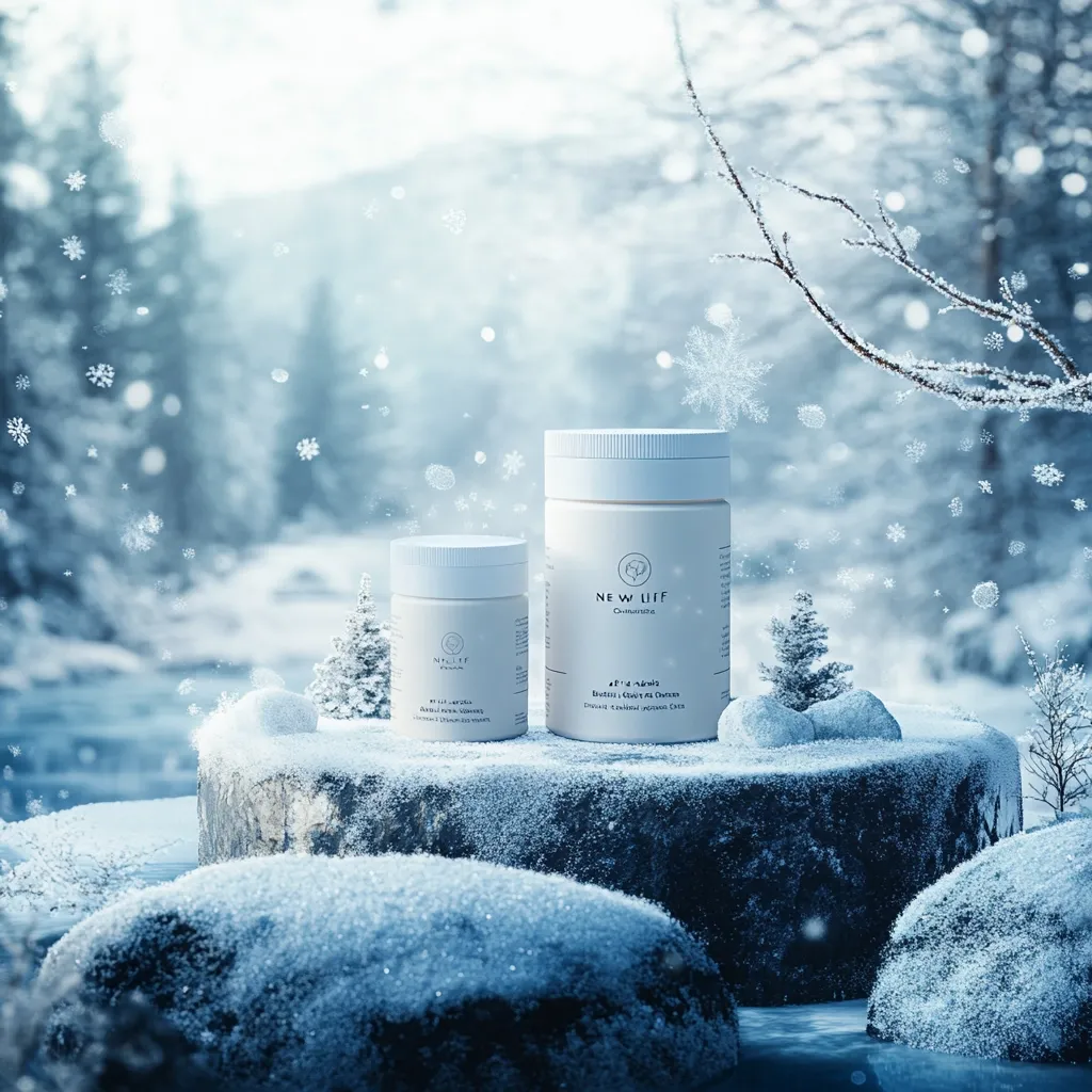 Two cylindrical jars of New U Life Omura's Beauty & Glow drink mix sit on a snow-covered rock in a wintry forest scene.  Snowflakes gently fall, creating a serene and magical atmosphere. The larger jar is prominently labeled, emphasizing the product against a blurred background of snow-laden trees and a tranquil stream.  The overall image evokes feelings of purity and winter wellness.