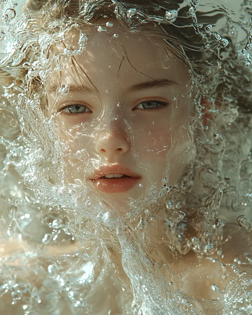 The image features a young woman's face submerged in water, creating a mesmerizing effect. Clear droplets cling to her skin and hair, reflecting light and adding a sense of ethereal beauty. Her expression is serene, her eyes gazing directly at the viewer, conveying a sense of peace and tranquility. The water distorts and enhances her features, highlighting her delicate complexion and freckles. The overall composition is captivating, blending the natural beauty of the woman with the fluidity and translucence of water.