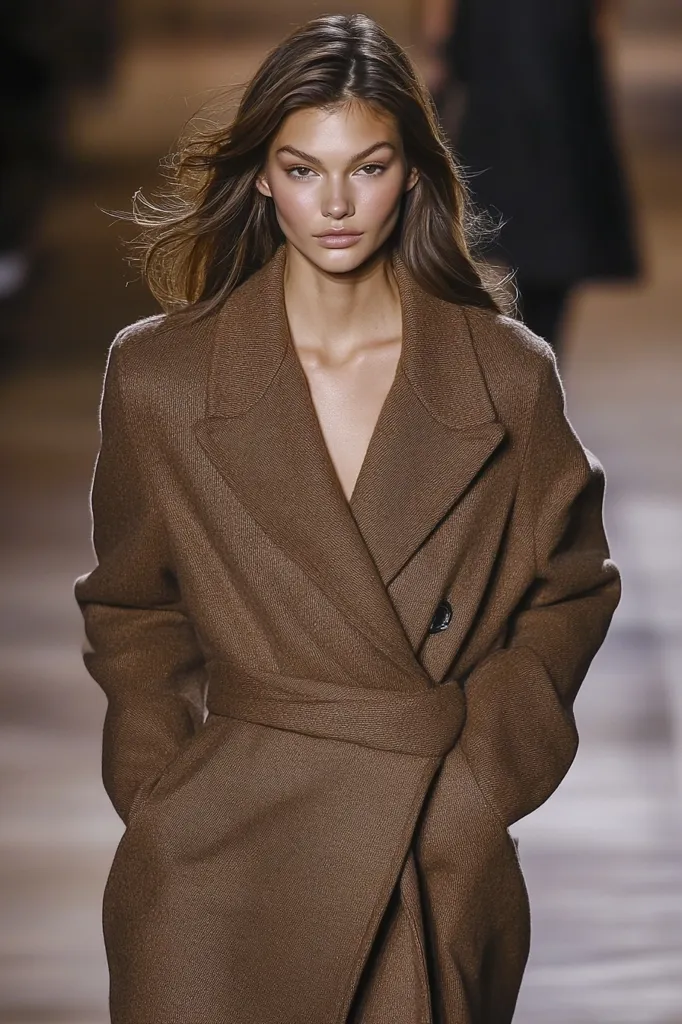 A model with long brown hair showcases a belted, brown wool coat. The coat features a relaxed fit, a notched lapel, and a self-tie belt cinching the waist.  The model's makeup is natural and understated, complementing the simple elegance of the outerwear.  The overall impression is one of sophisticated, autumnal style.