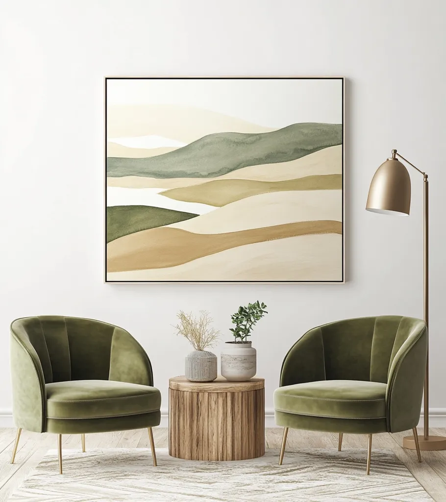 A minimalist living room features two olive green velvet armchairs flanking a rustic wooden coffee table.  A large abstract landscape painting in muted greens and beige hangs above the table.  A gold floor lamp stands to the right, completing the serene and sophisticated aesthetic.  Small potted plants add a touch of nature to the scene.
