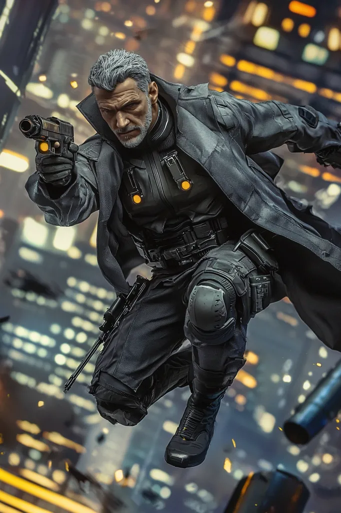 A grizzled, silver-haired man in a futuristic tactical suit leaps through a neon-lit cityscape.  He's armed with a handgun, aiming intently, and a longer weapon is partially visible.  His outfit includes knee pads and tactical boots, suggesting a dangerous mission in progress.  The background is a blur of towering buildings and explosions, adding to the intense atmosphere.