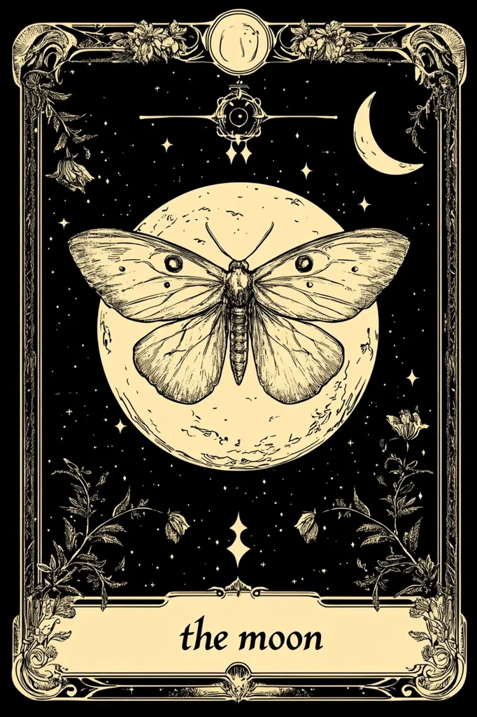 A tarot card depicting "The Moon" is shown.  The card features an ornate, Art Nouveau-style border.  A large, full moon dominates the center, with a moth positioned before it.  Stars and crescent moons adorn the dark background, along with stylized floral elements. The overall aesthetic is dark, mystical, and evocative of the night.