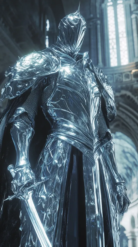 A majestic knight, clad in gleaming, ice-like armor, stands within a gothic cathedral.  The intricate detail of the armor, from the helmet's crest to the flowing cloak, is striking.  The knight's sword, equally reflective, rests at their side. The backdrop suggests a grand, ancient setting, adding to the knight's imposing presence. The overall aesthetic is one of cold beauty and power.
