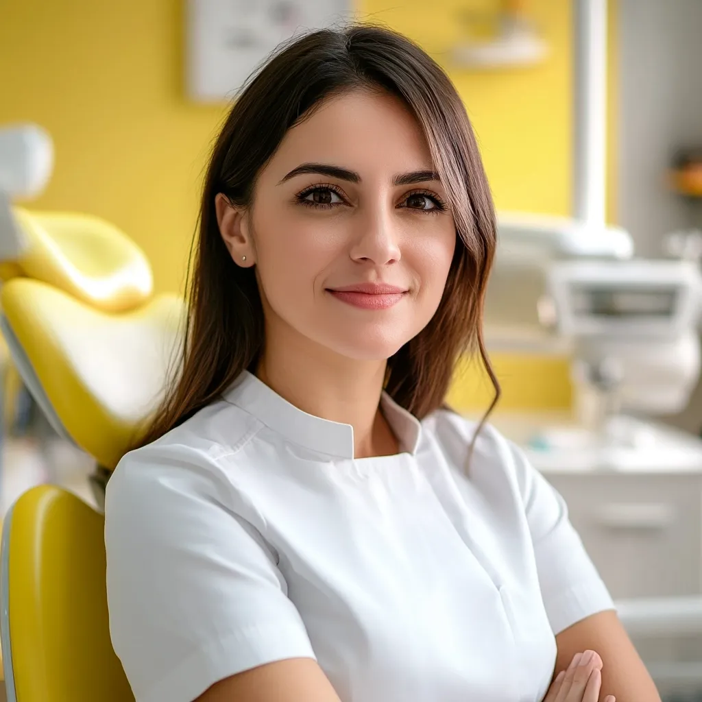 A young woman with long brown hair smiles confidently. She's wearing a crisp white short-sleeved collared shirt, arms crossed, suggesting professionalism.  The background subtly shows a dental chair and yellow walls, hinting at a healthcare setting. Her expression is pleasant and approachable, conveying a sense of expertise and calm assurance.
