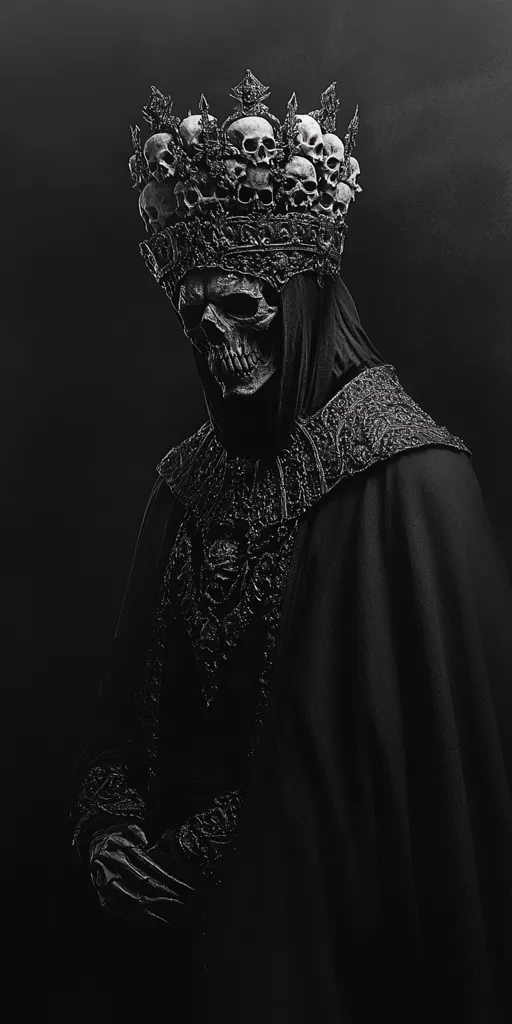 A monochromatic image depicts a cloaked figure, their face obscured by a skull-like mask.  The figure wears an ornate crown adorned with numerous skulls, creating a dark and regal aesthetic.  The clothing is richly textured, suggesting elaborate embroidery. The overall tone is ominous and mysterious, evoking a sense of death and power.
