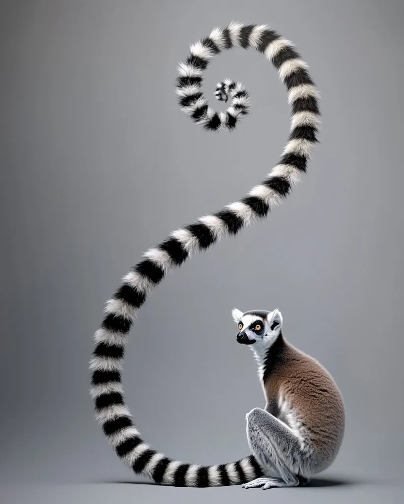 A ring-tailed lemur sits against a gray background, its long, striped tail elegantly curled into a spiral above it. The lemur is positioned to the right, its gaze directed towards the left of the frame.  The contrast between the lemur's black and white tail and the muted gray background creates a striking visual effect. The image is sharply focused, highlighting the details of the lemur's fur and the intricate curl of its tail.