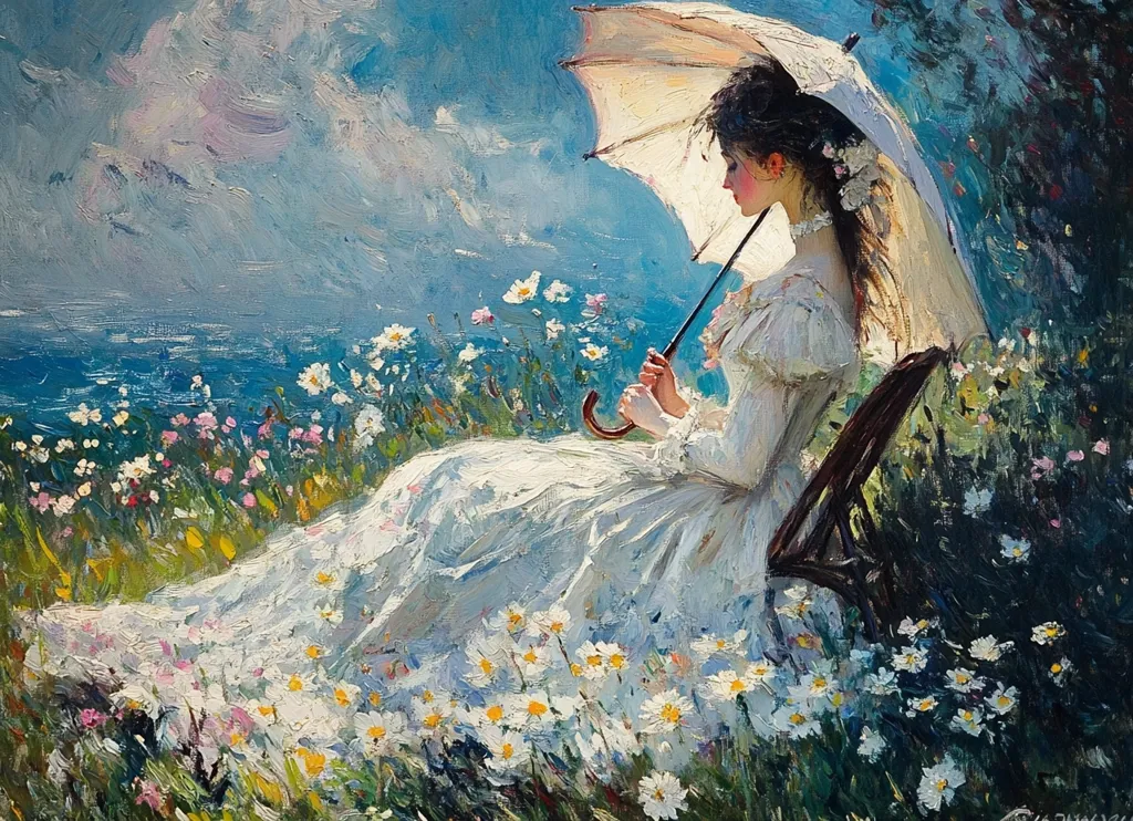 A woman in a flowing white dress sits in a field of daisies, holding a parasol.  The ocean is visible in the background, under a partly cloudy sky. The painting is rendered in a loose, impressionistic style with vibrant colors, emphasizing the light and texture of the scene. The overall mood is serene and romantic.
