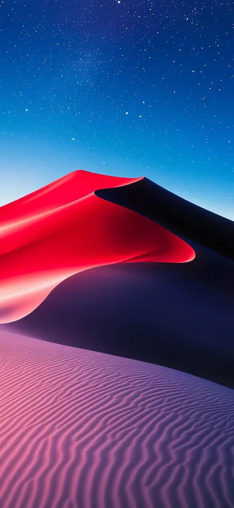 A vibrant desert landscape under a starlit sky.  A large, crimson sand dune dominates the foreground, contrasting sharply with the dark purple-blue hues of the surrounding dunes.  The sand ripples in soft, undulating patterns, extending to the bottom of the frame.  The scene is surreal and dreamlike, with intense color saturation.