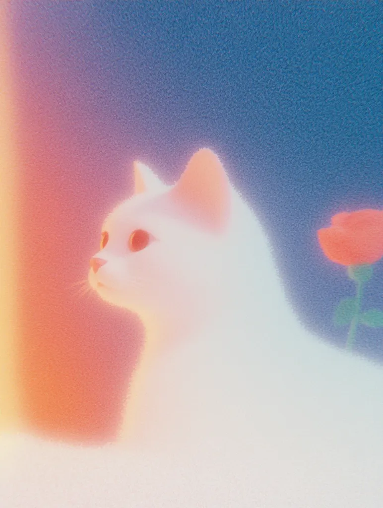 A dreamy, stylized image features a fluffy white cat gazing to the side, its fur rendered with a soft, almost blurred effect.  The background is a gradient of pastel blues, pinks, and oranges, creating a hazy, ethereal atmosphere.  A blurred red rose is partially visible in the background, adding to the whimsical and slightly surreal mood. The overall aesthetic is gentle and calming.