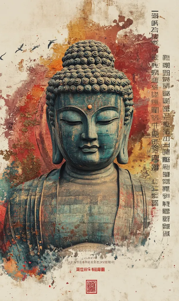 A serene depiction of a weathered Buddha statue, rendered in muted blues and greens.  The statue's calm expression is emphasized against a textured background of earthy tones and splatters of paint.  Several birds fly in the upper left, adding to the peaceful atmosphere.  Chinese characters flank the image, possibly containing a poem or inscription. The overall effect is one of tranquility and spiritual contemplation.
