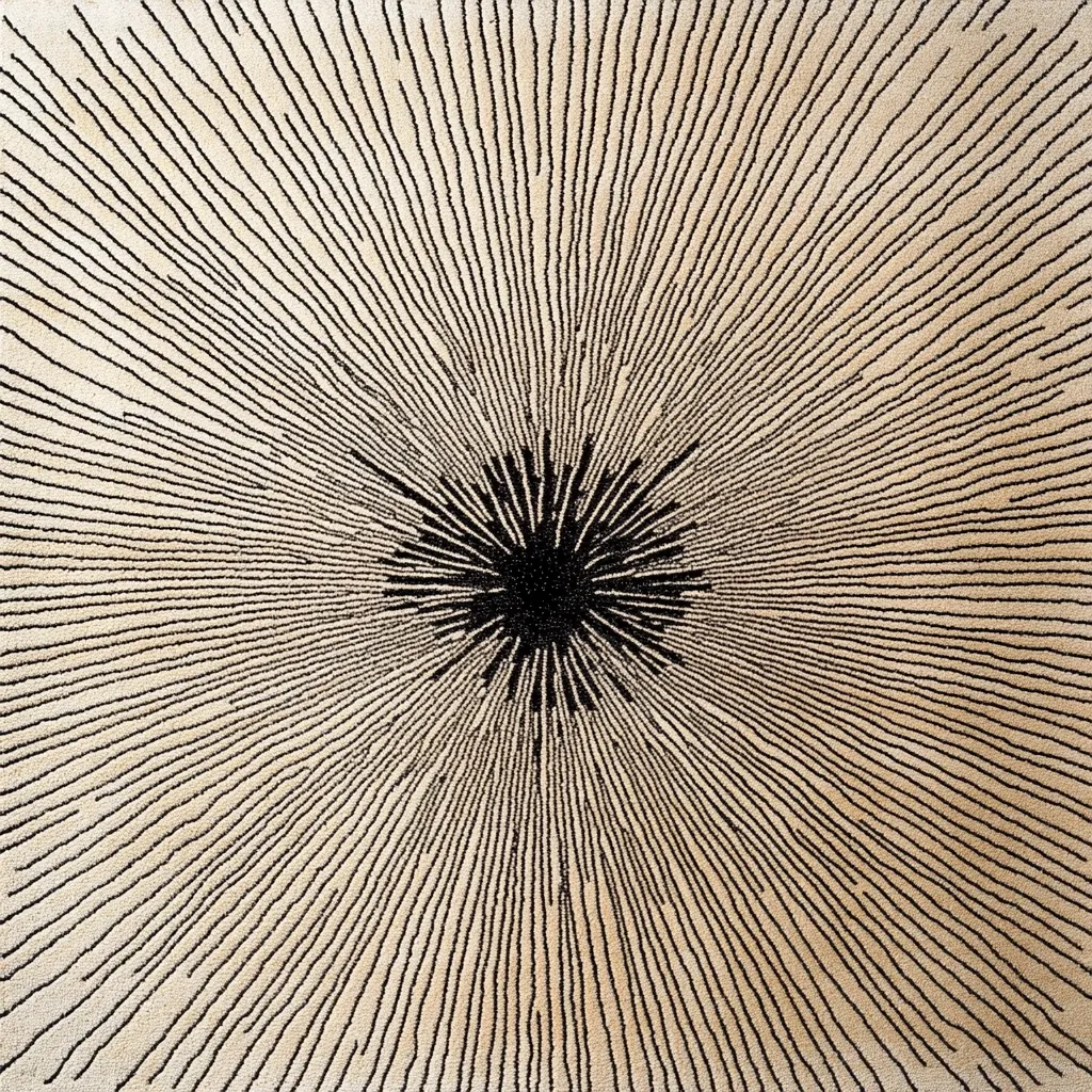 The image shows a close-up of a beige rug with a striking design.  Black lines radiate from a central, dark burst, creating a sunburst or starburst effect. The lines are thin and densely packed, giving a textured appearance.  The overall effect is one of modern minimalism with a touch of dramatic flair. The rug's texture is subtly visible, suggesting a hand-woven or high-quality construction.