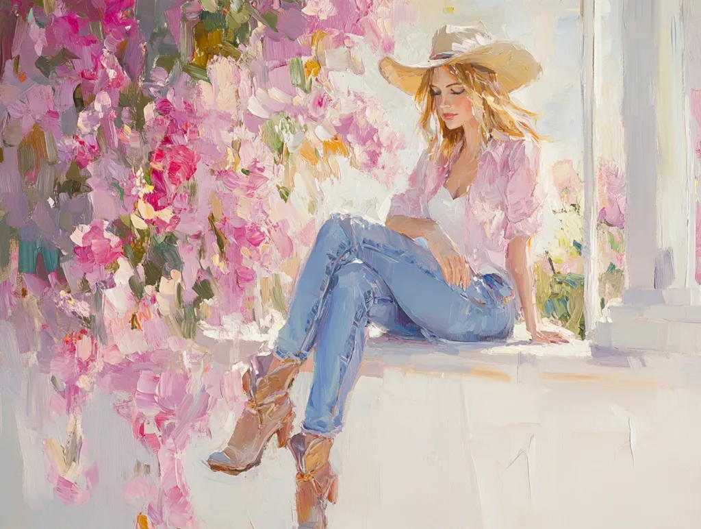 A young woman with blonde hair, wearing a straw hat, pink shirt, and blue jeans, sits on a white wall.  She is surrounded by a vibrant display of pink flowers, creating a romantic and idyllic scene. The painting is done in a loose, impressionistic style with visible brushstrokes, emphasizing light and color.  Her relaxed pose suggests a moment of peaceful contemplation.