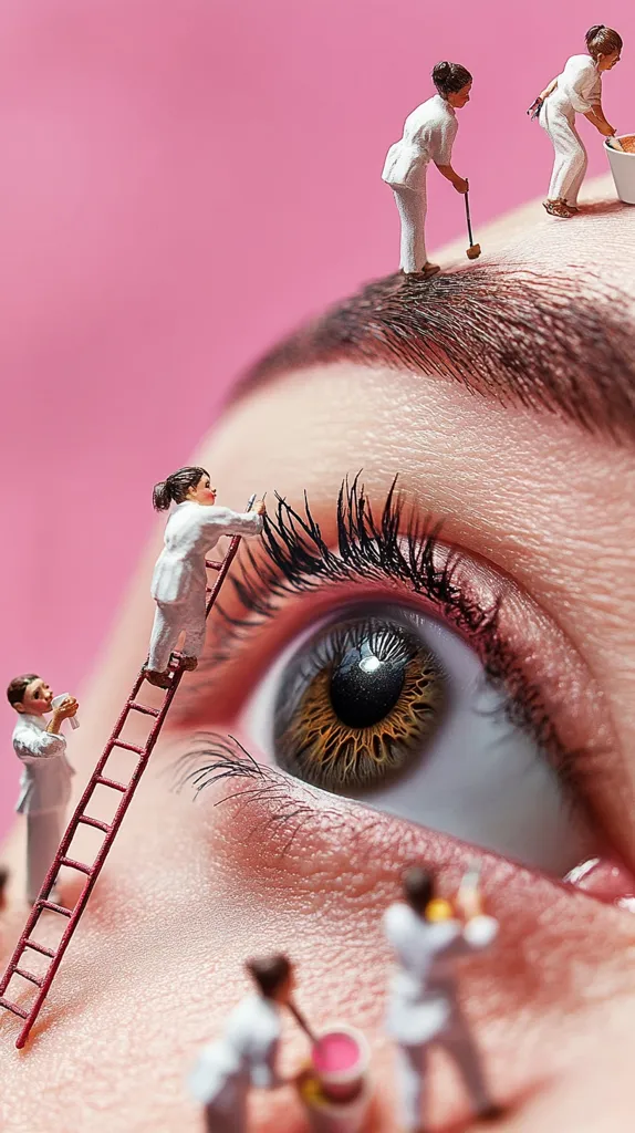 Miniature figures, dressed in white, meticulously work on a giant eye.  Some paint eyelashes on a ladder, others tend to eyebrows and the surrounding skin. The eye is highly detailed, and the contrast between the tiny workers and the immense eye creates a surreal and artistic image. The background is a solid pink, emphasizing the central scene.
