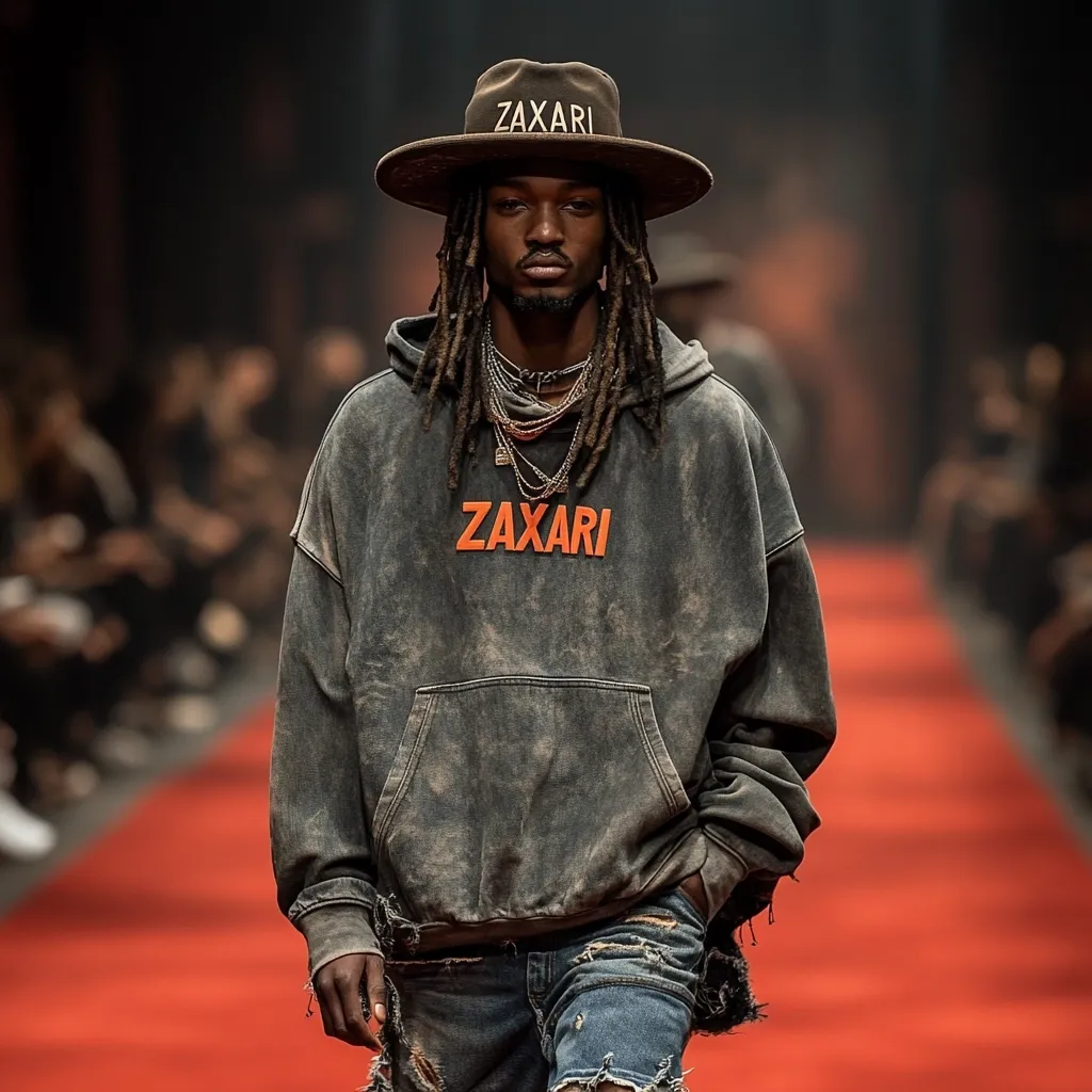 A male model walks a runway, showcasing a gray, acid-washed oversized hoodie with "Zaxari" emblazoned across the chest in orange.  He sports long dreadlocks, a brown wide-brimmed hat with the same brand name, and layered necklaces.  His distressed denim shorts and relaxed posture complete the casual yet stylish look. The runway is a vibrant red.