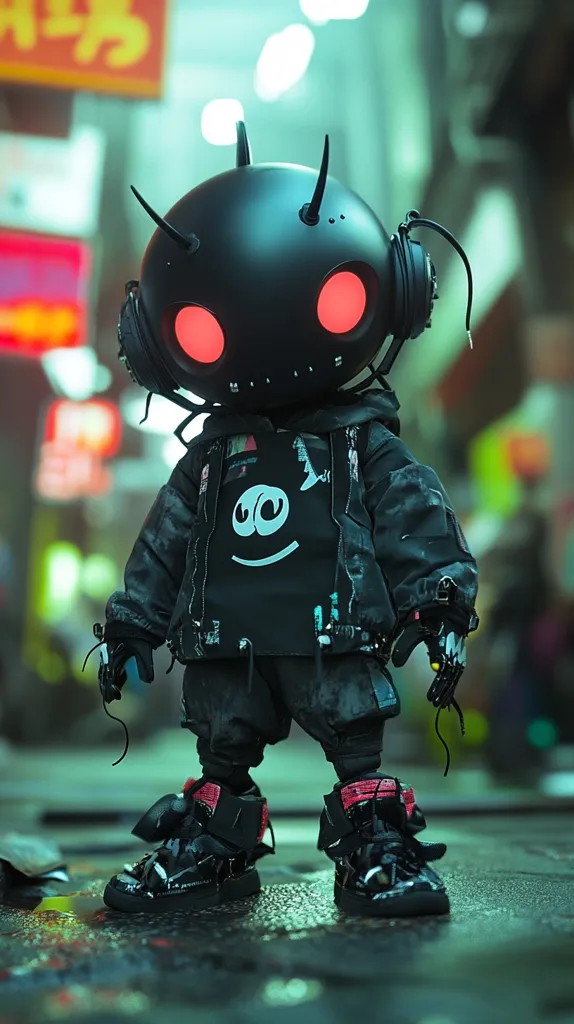 A stylized robotic figure stands on a wet city street.  Its black, helmet-like head features glowing red eyes, and it's clad in a dark, textured jacket and futuristic boots.  The robot has small horns and what appears to be headphones. A simple, smiley face graphic adorns its chest.  The background is blurred, showcasing a vibrant, neon-lit cityscape.
