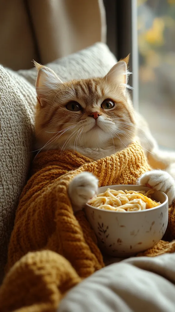 A fluffy ginger cat, bundled in a cozy mustard-yellow sweater, sits contentedly on a couch.  Its paws delicately hold a bowl of steaming noodles, creating a heartwarming and comforting scene. The soft lighting and muted colors enhance the overall feeling of warmth and relaxation. The cat appears relaxed and happy, enjoying its meal.