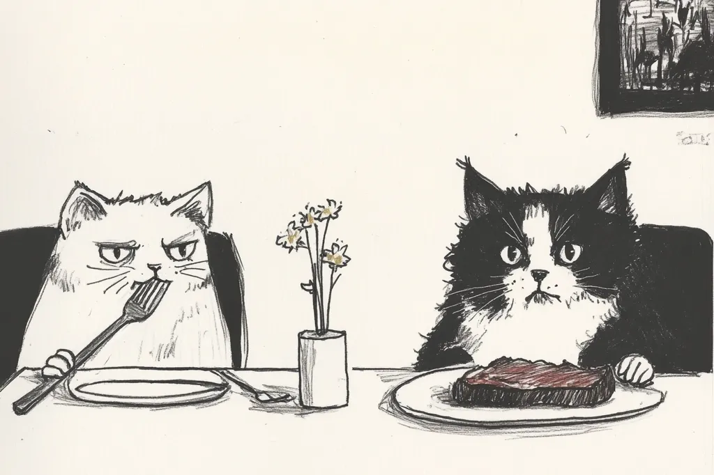 A hand-drawn illustration depicts two cats seated at a table.  A white cat uses a fork to eat, while a tuxedo cat stares longingly at a steak on a plate in front of it.  A small vase of flowers sits between them. The style is minimalist and humorous, suggesting a dinner scene with contrasting feline personalities.