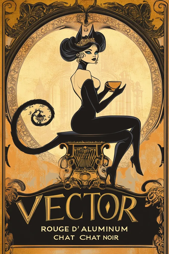 An Art Deco-style poster features a stylized black cat woman in a black dress, seated on an ornate pedestal, holding a teacup.  Her feline tail elegantly curls behind her.  The background is a muted gold with architectural details. The word "VECTOR" is prominently displayed at the bottom, along with the French phrase "Rouge d'Aluminium Chat Chat Noir," suggesting a brand or product name. The overall aesthetic is luxurious and mysterious.