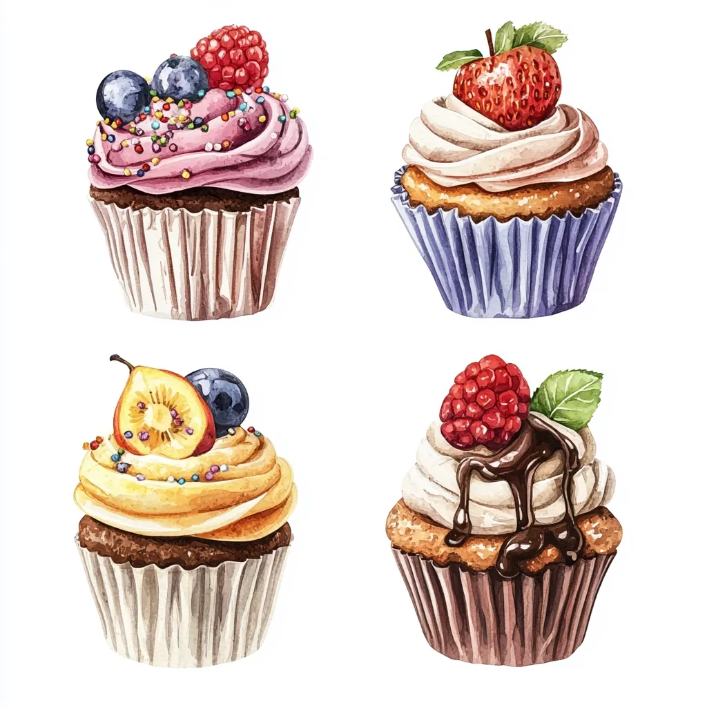 Four watercolor cupcakes are depicted, each uniquely decorated.  One features pink frosting, blueberries, and raspberries; another boasts a strawberry atop its creamy frosting.  A third showcases yellow frosting, kiwi, and blueberries, while the last is adorned with a raspberry, chocolate drizzle, and a mint leaf.  All cupcakes are nestled in paper liners, suggesting a delightful assortment of sweet treats.