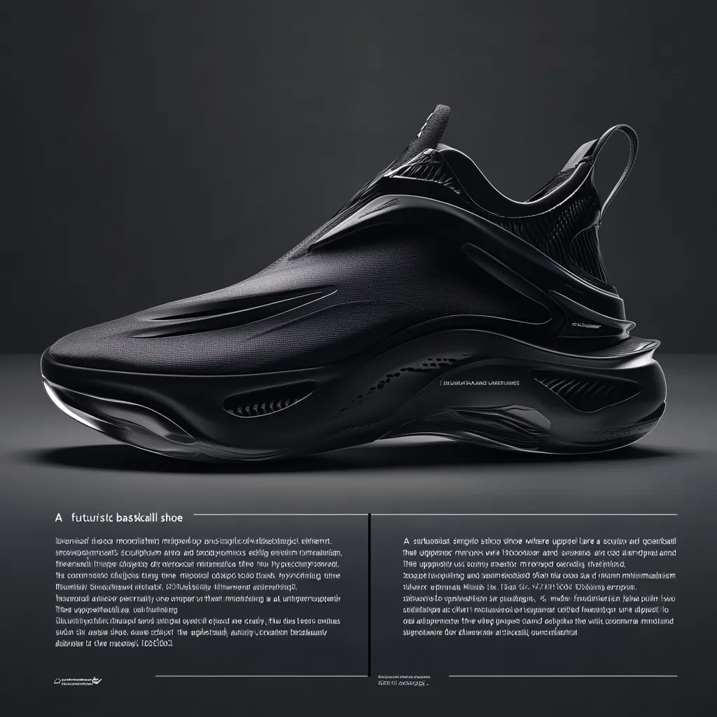 A futuristic black basketball shoe is showcased.  Its sleek, sculpted design features a seamless upper and a chunky, aerodynamic sole. The shoe appears to be made from a matte, possibly textile material. The overall aesthetic is minimalist and high-tech, suggesting advanced performance and style.  The image is dark and moody, highlighting the shoe's form.