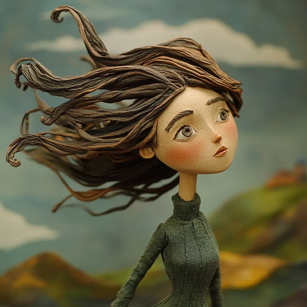 A meticulously crafted paper doll stands against a blurred backdrop of a landscape under a cloudy sky.  Her long brown hair is dynamically sculpted, appearing to blow in a strong wind.  She's dressed in a simple, dark green turtleneck sweater, her expression serene yet pensive. The artistry showcases exceptional detail in the facial features and the textured hair.