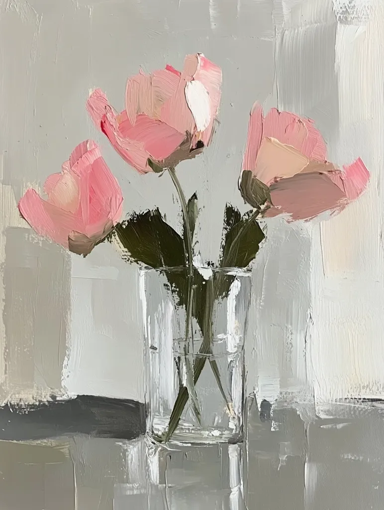 A loose, impressionistic oil painting depicts three pale pink flowers in a clear glass. The flowers, possibly poppies or tulips, are rendered with visible brushstrokes, showcasing their soft petals and subtle color variations.  The background is a muted gray with gestural brushwork, creating a sense of depth and atmosphere. The overall style is expressive and minimalist.