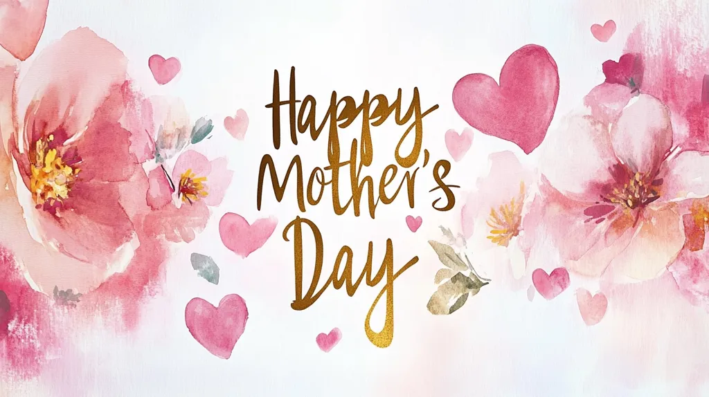 A Mother's Day greeting card features delicate watercolor pink flowers and hearts scattered across a soft white background.  The phrase "Happy Mother's Day" is prominently displayed in elegant gold script lettering.  The overall design is romantic, gentle, and celebratory, perfect for expressing love and appreciation on Mother's Day.