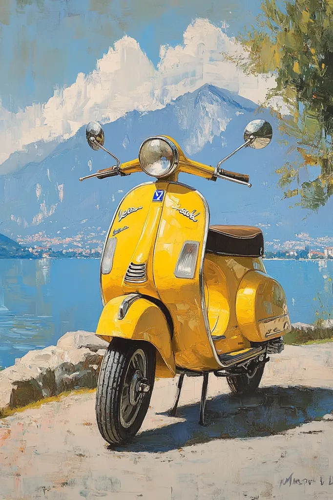 A vibrant yellow Vespa scooter is parked by a tranquil lake, mountains forming a dramatic backdrop under a bright, partly cloudy sky.  The scene is painted in a style that emphasizes texture and light, with visible brushstrokes. The scooter is the focal point, sharply detailed against the softer, impressionistic landscape. The overall feeling is one of idyllic serenity and classic Italian charm.