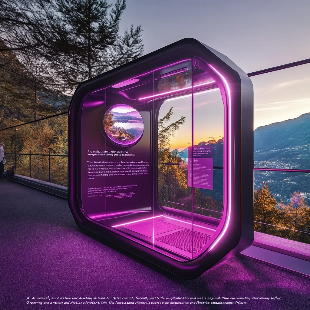A small, innovative viewing structure is integrated into a scenic overlook.  The futuristic design features glass walls and purple neon lighting, offering panoramic views of a mountainous landscape.  Informative panels provide details about the surrounding area, enhancing the visitor experience. The structure's sleek design complements its natural environment.