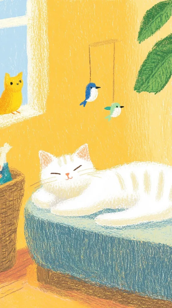 A white cat sleeps peacefully on a teal bed in a sunlit room.  A yellow bird watches from a windowsill.  A mobile with two small birds hangs on the yellow wall, beside a leafy plant. The scene is illustrated in a soft, pastel style, evoking a sense of calm and comfort.