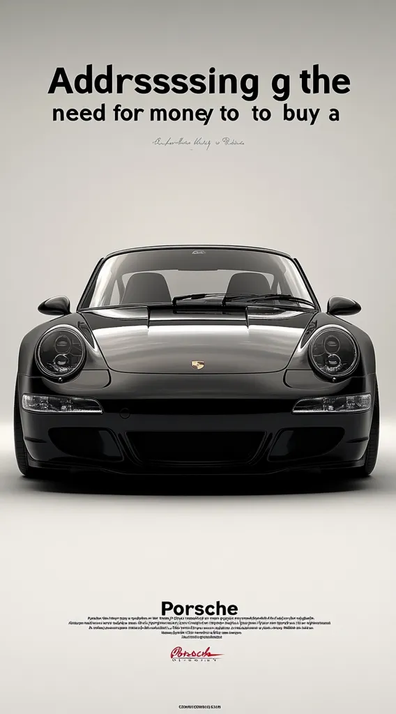 A sleek, black Porsche 911 is the centerpiece of this advertisement.  The headline, "Addressing the need for money to buy a...", implies the high cost of the vehicle.  The Porsche logo and branding are subtly displayed at the bottom, along with small print likely detailing financing options. The image projects luxury and aspirational wealth.