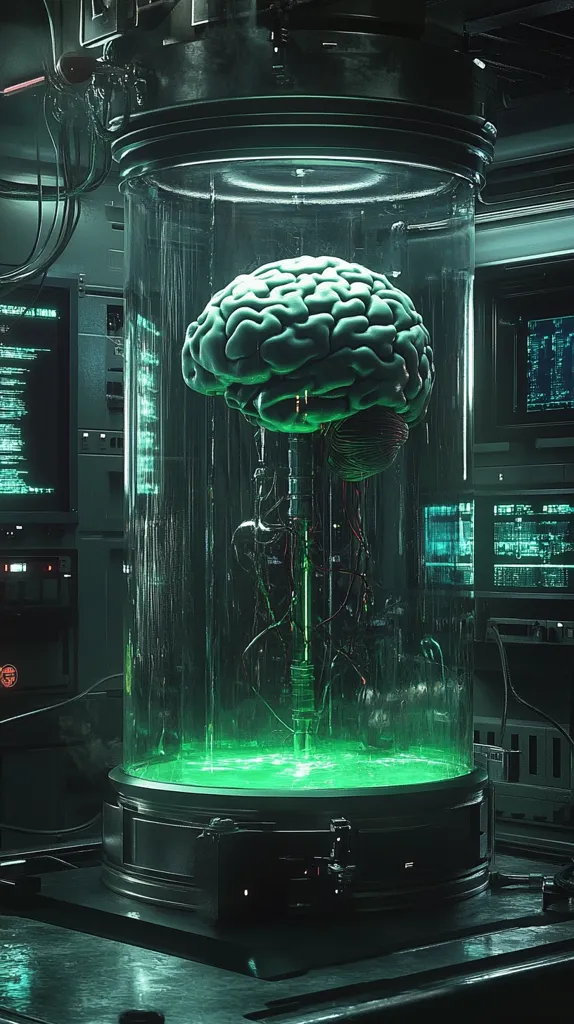 A human brain, seemingly preserved and connected to a complex system of wires and tubes, rests within a large, cylindrical glass container filled with glowing green liquid.  The scene is set in a futuristic, high-tech laboratory, surrounded by computer monitors displaying lines of code. The overall aesthetic is dark, moody, and technologically advanced, hinting at a science fiction setting.